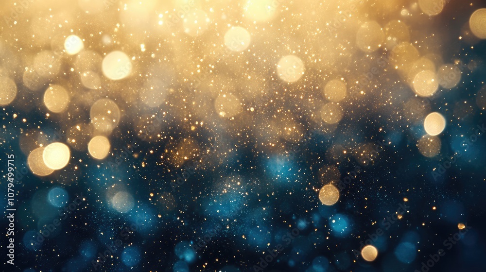 Poster Vintage fireworks in gold and blue with bokeh effects creating an abstract holiday background with ample copy space