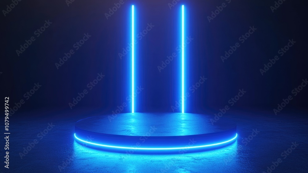 Aufkleber 3d render of a cylinder podium illuminated by blue neon lights against a dark backdrop podium design