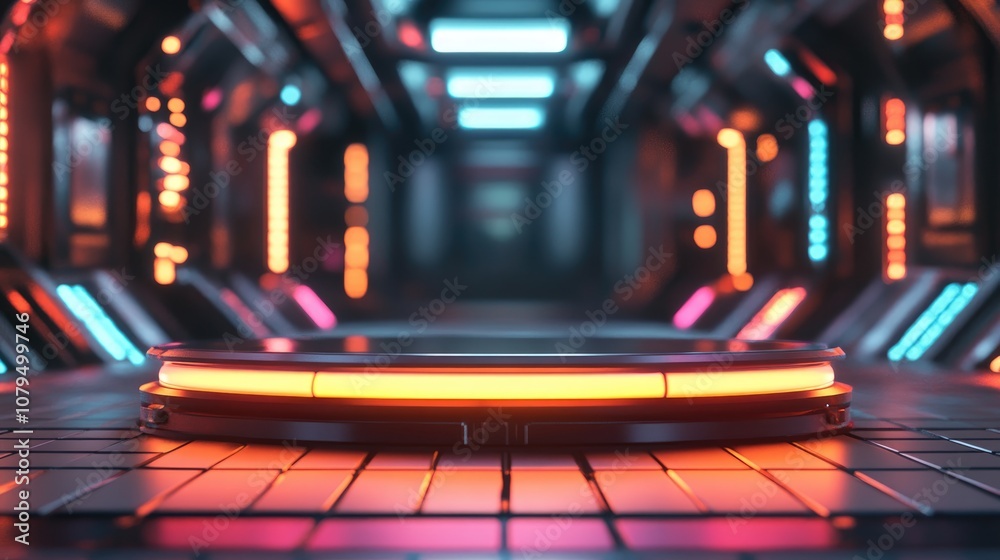 Aufkleber sci fi podium with neon glow for product display 3d rendered image featuring blurred floor reflectio