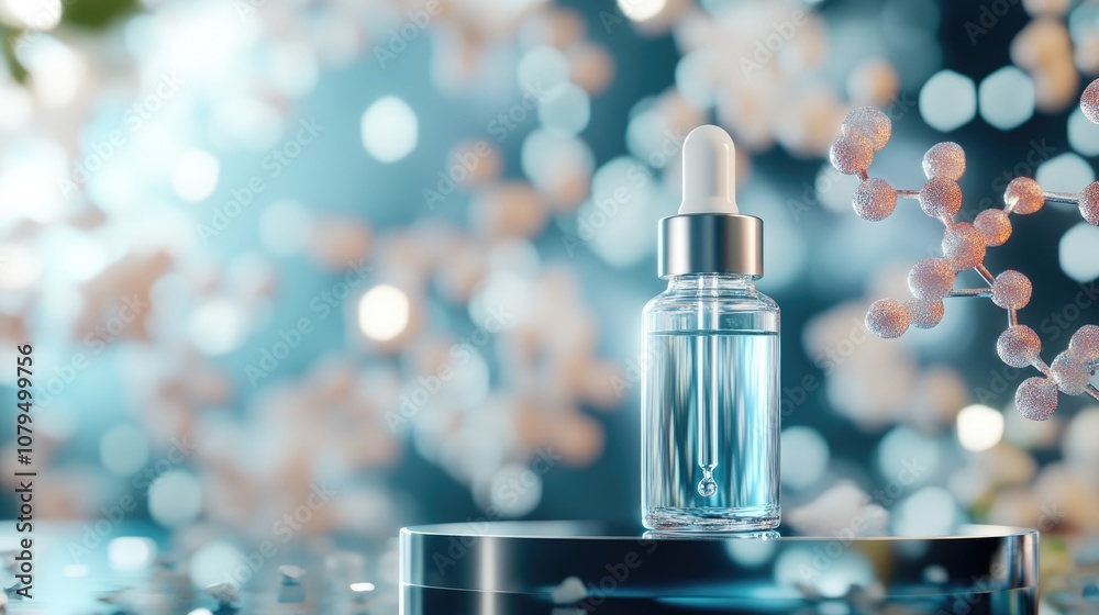 Poster Dropper bottle mockup on a platform with a blurred molecular background creating an abstract setting for cosmetic presentation or branding 3D rendering
