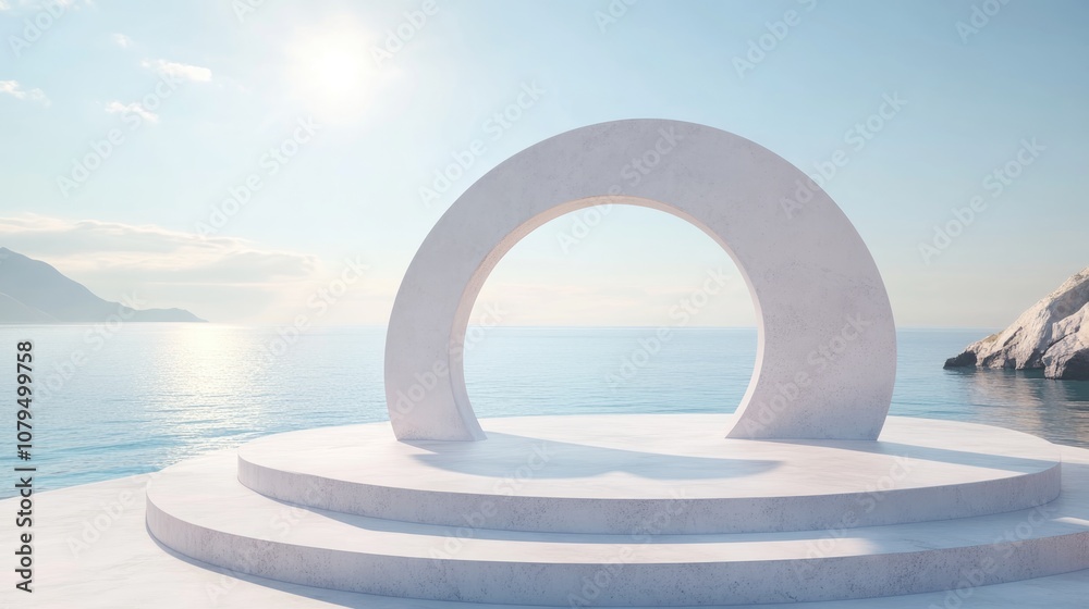 Fototapete scene featuring geometric shapes an arch with a platform in natural daylight minimalistic landscape 