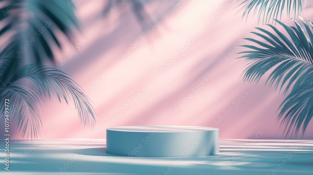 Poster 3d rendered illustration of an abstract geometric podium composition featuring palm leaves shadows a