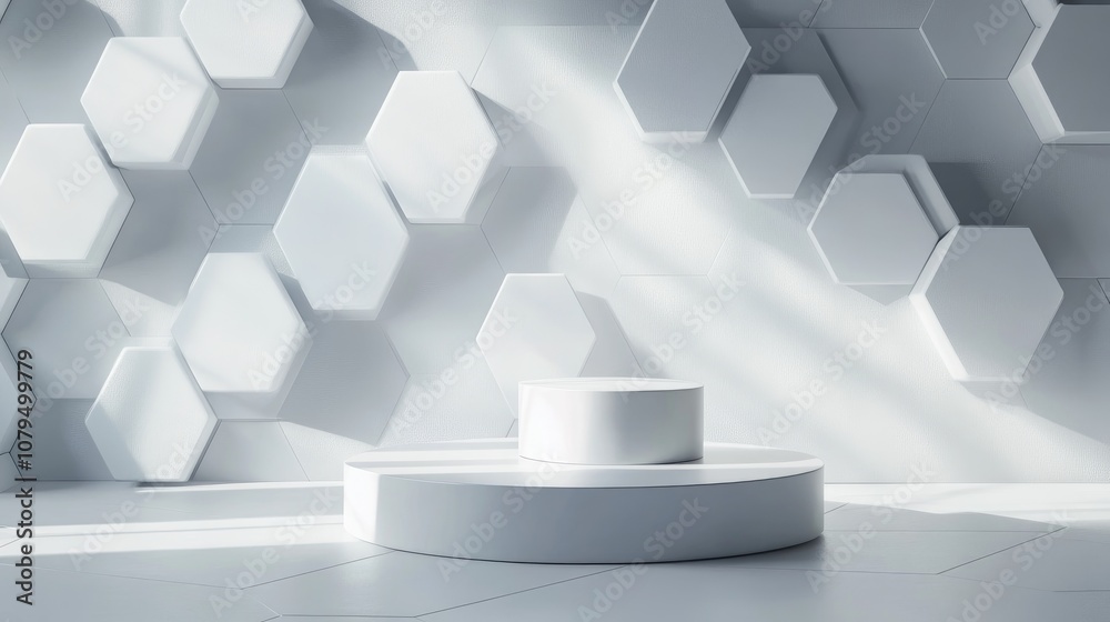 Aufkleber 3D abstract white and gray hexagonal podium in a minimal studio setting Geometric shape illustration for showcasing beauty and cosmetic products