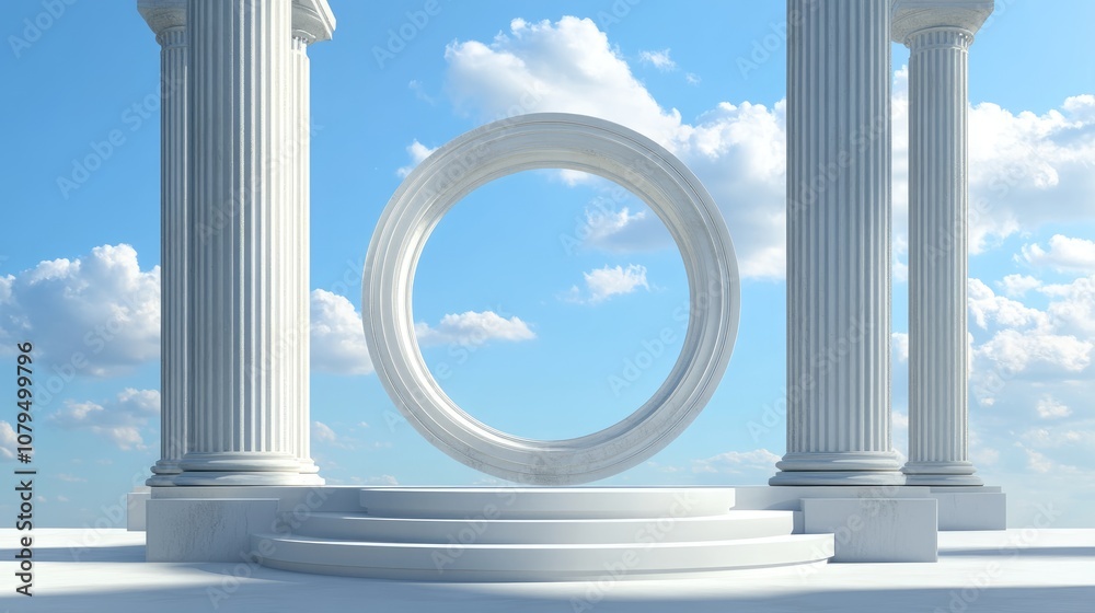 Poster Abstract cylindrical podium for product display featuring columns and a circular opening against a blue sky 3D rendering