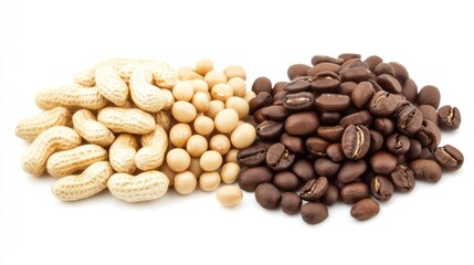 A collection of peanuts, soybeans, and coffee beans arranged in piles.