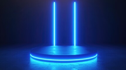 3D render of a cylinder podium illuminated by blue neon lights against a dark backdrop Podium designed for showcasing technology products Empty dark space features neon light displays with blank b