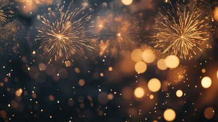 Fototapeta premium Celebratory New Year s Eve party background greeting card featuring dazzling golden fireworks illuminating the dark night sky