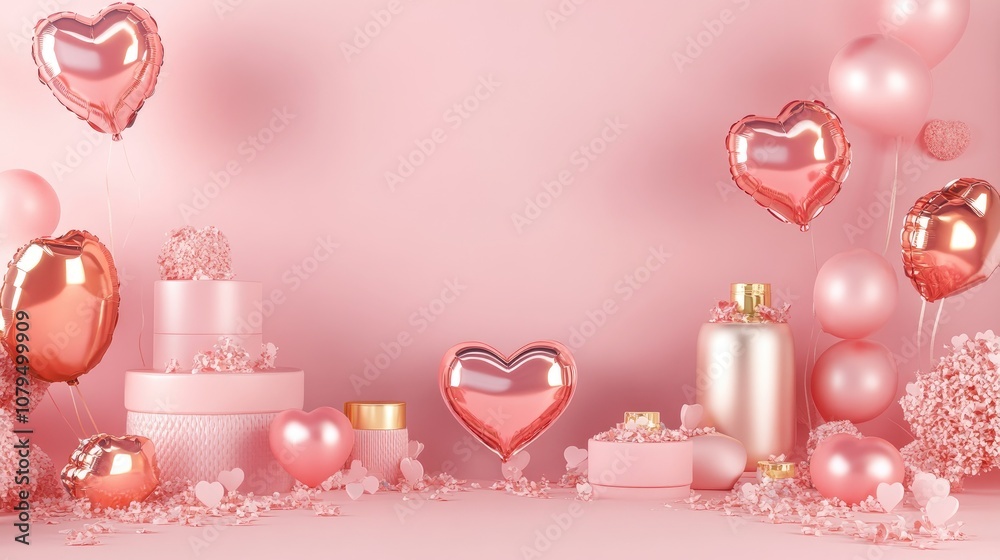 Poster pink background for valentine s day featuring product display and heart shaped balloons 3d rendering