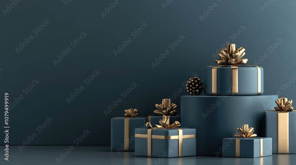 Poster Blue podium accompanied by blue gift boxes adorned with gold ribbons set in a minimalistic studio environment ideal for product display 3D rendering