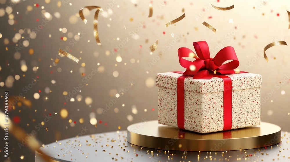 Aufkleber gift box with a red ribbon and gold floating ribbon on a round podium with a craft style background 