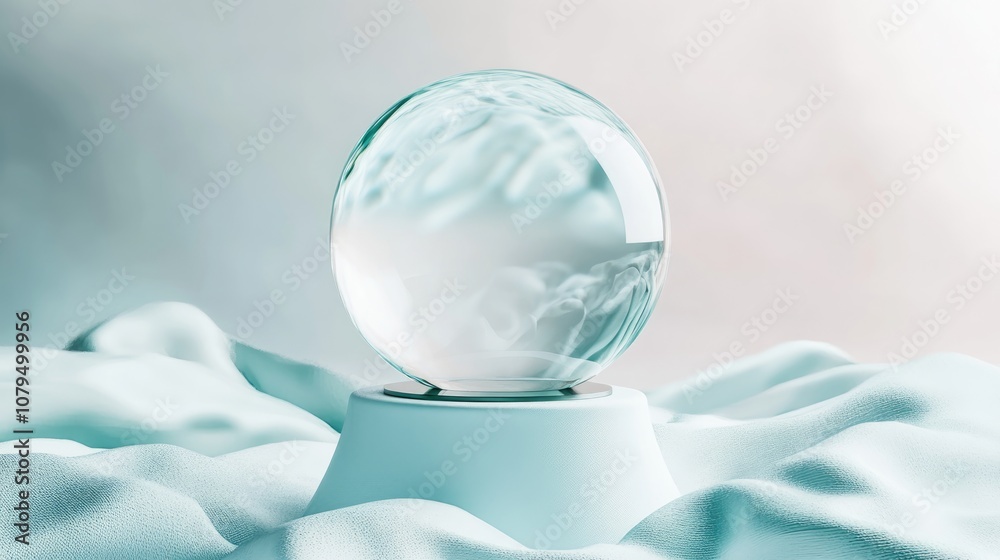 Poster empty snow globe on a soft colored trendy background translucent glass sphere unoccupied base for di