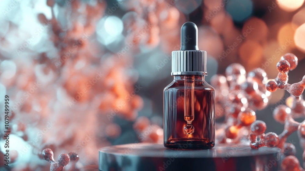 Poster Dropper bottle mockup on a platform with a blurred molecular background creating an abstract setting for cosmetic presentation or branding 3D rendering