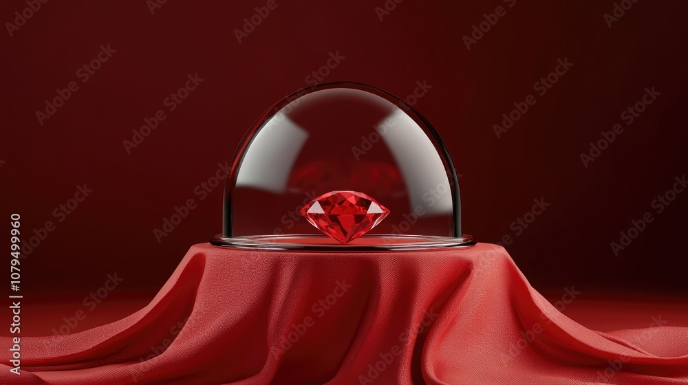 Poster 3D illustration of a red fabric podium featuring a red gemstone and glass dome for product display with a work path or clipping path included