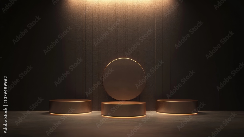 Leinwandbilder Abstract concept featuring three circular pedestals in a minimalist setting with dark tones designed to showcase products on a golden podium 3D render