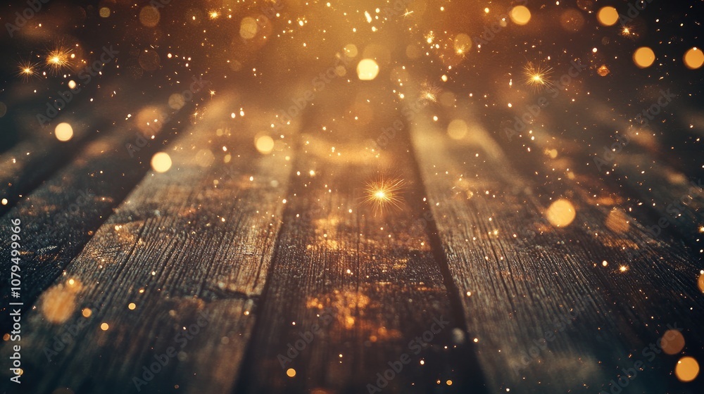 Poster bokeh effect with golden light flares and sparkler on a rustic wooden surface for a festive celebrat