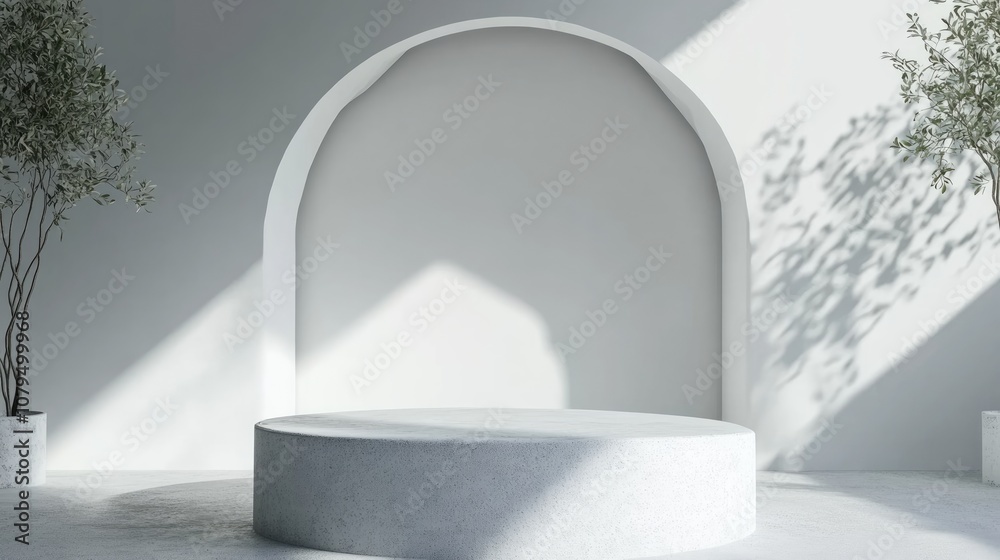 Aufkleber 3D abstract geometric shape featuring a bright gray and white cylinder podium in a minimal studio setting