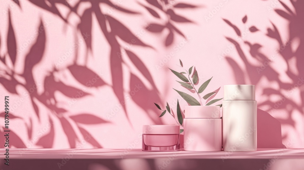 Poster podium display for product presentation featuring a shadow of leaves against a cosmetic themed 3d ba