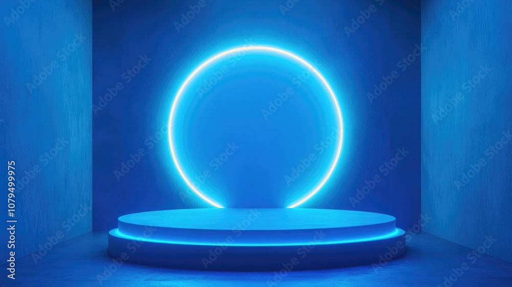 Aufkleber minimalist studio backdrop featuring a 3d blue illuminated podium abstract geometric shape illustrat