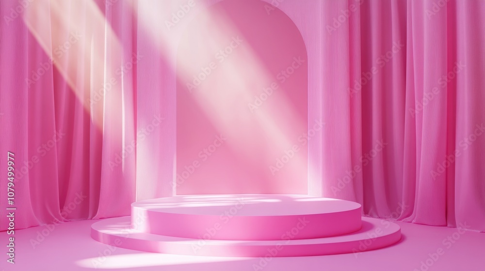 Poster 3D abstract rendering of a pink platform designed for product display featuring an empty podium suitable for an awards ceremony intended for showcasing and promoting various products against a pas