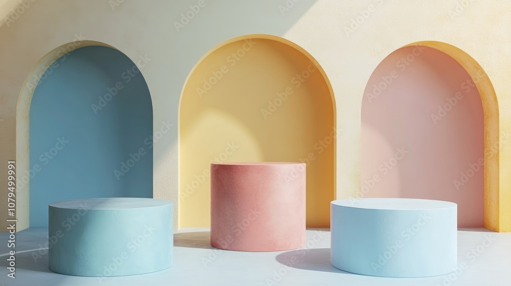 Aufkleber Abstract geometric empty space for minimal product display on luxury cylinder podiums Pastel color background in studio setting 3D rendering