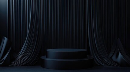 3D black geometric display podium with a dark backdrop