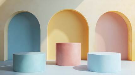 Abstract geometric empty space for minimal product display on luxury cylinder podiums Pastel color background in studio setting 3D rendering