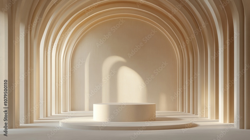 Poster 3d render of an abstract arch with a pedestal for showcasing products featuring a geometric shapes s