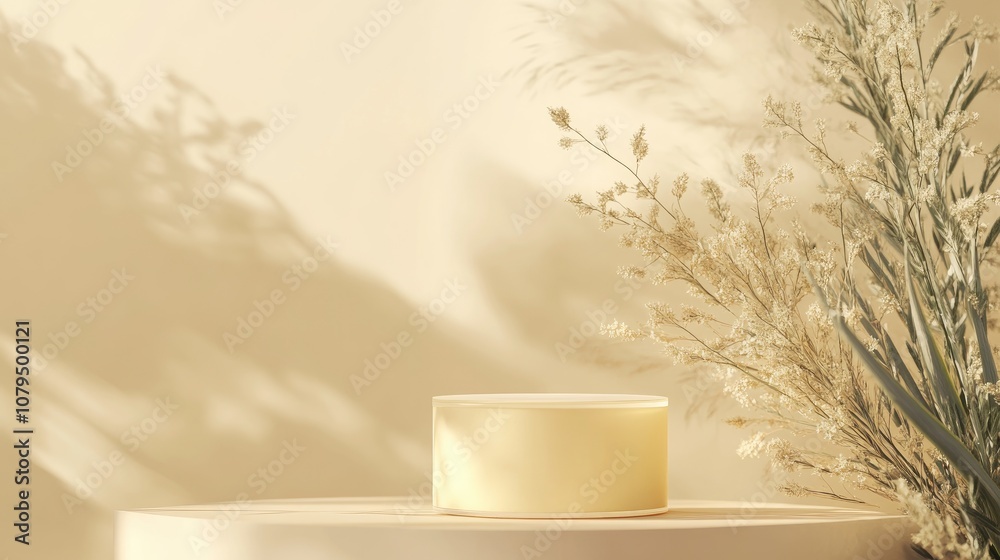 Poster Minimal 3D rendered scene featuring an empty cube podium in shades of pastel yellow designed for cosmetic product display and abstract background showcase Geometric pedestal in soft colors for moc