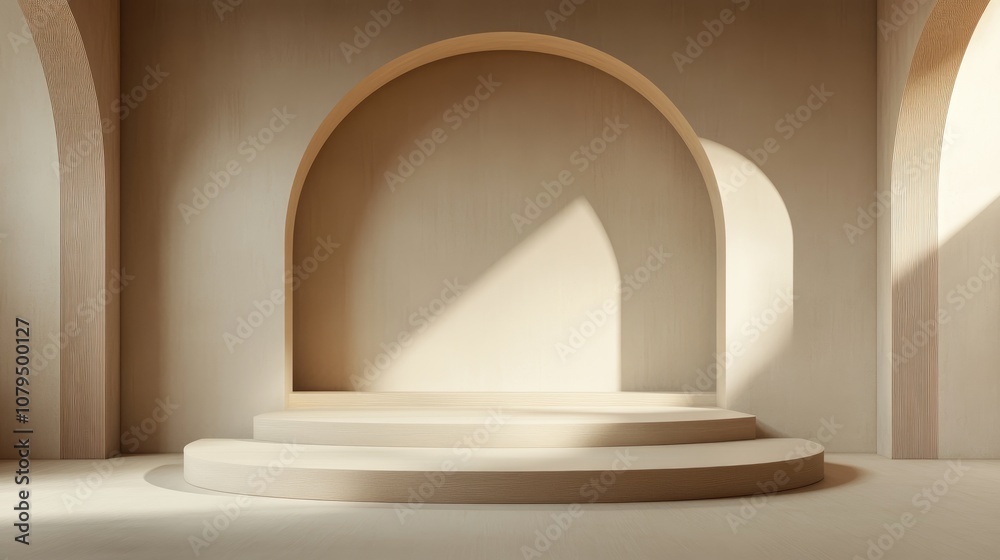 Fototapete Abstract minimal exhibition backdrop featuring geometric shapes and steps Simple background for showcasing product design Podium setup for product display 3D rendering