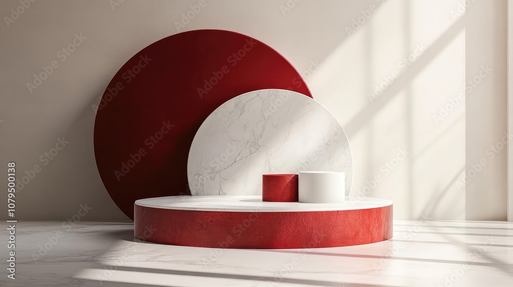 Aufkleber 3d red and white podium in a minimal studio setting abstract 3d geometric shapes created for festive