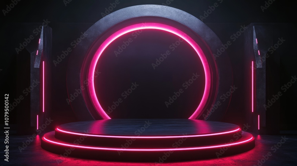 Aufkleber dark podium display background with neon laser red and pink lights and a circular metal wall in a bl