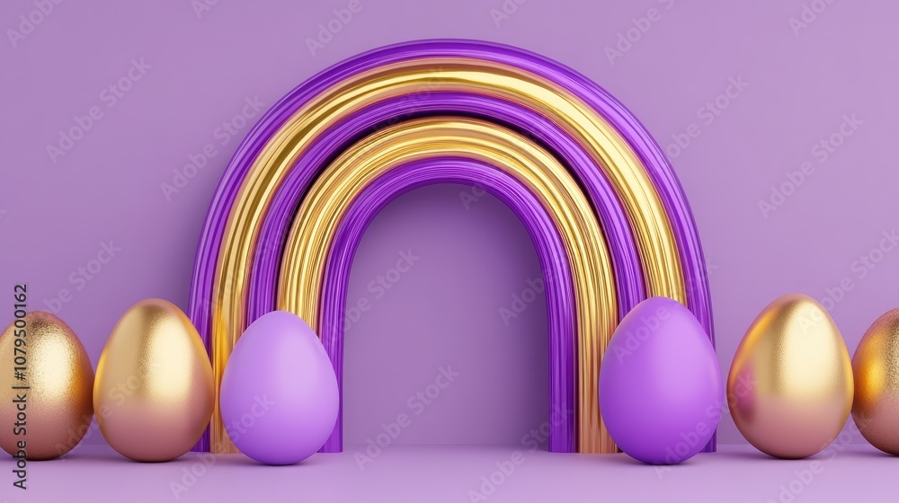 Poster 3d rendering of gold and purple eggs accompanied by a purple rainbow against a violet background for
