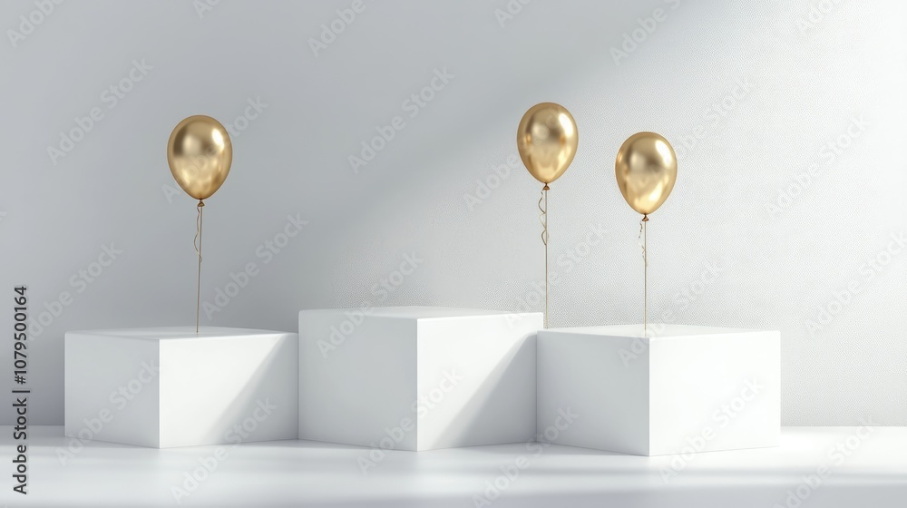 Poster Four empty hexagonal podiums with gold balloons on a white and grey background featuring reflections and shadows designed for product displays in 3D rendering