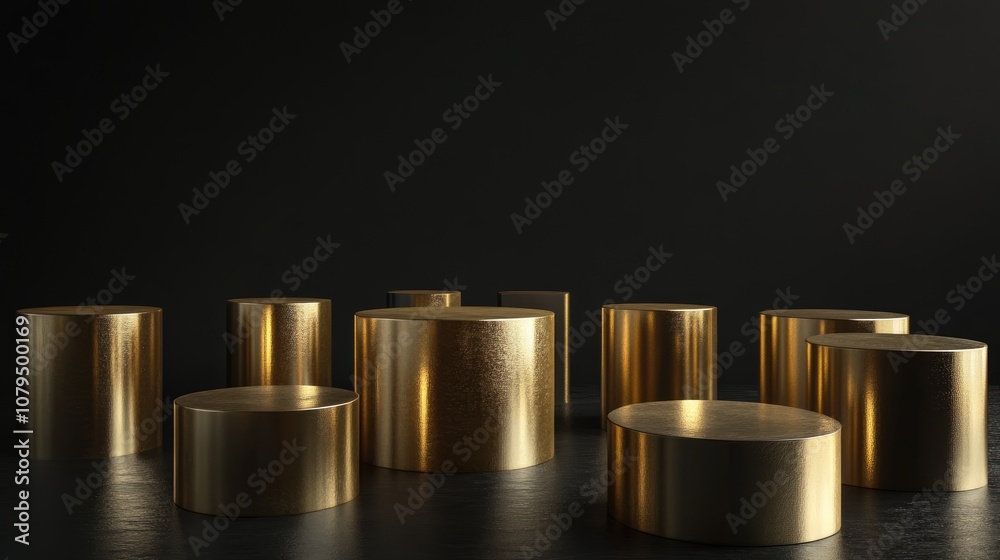 Aufkleber minimalist abstract composition featuring golden cylindrical podiums against a black backdrop 3d ren