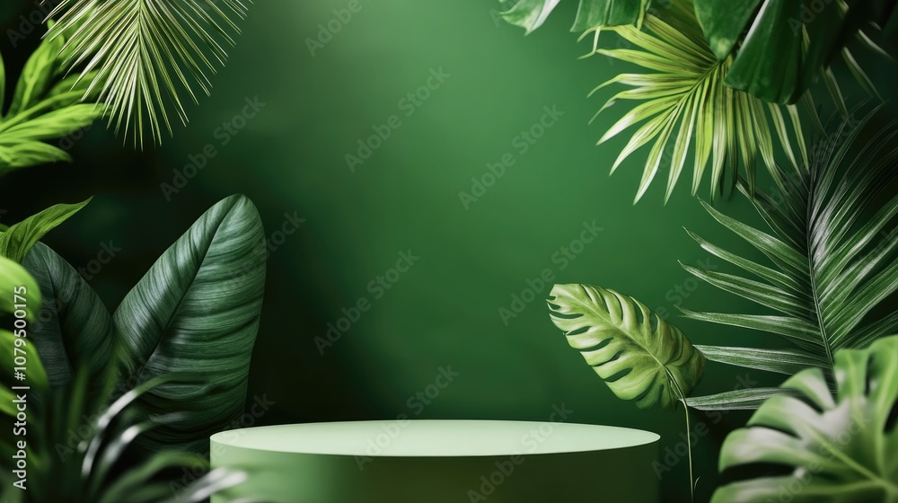 Poster 3d geometric podium mockup featuring tropical leaves designed for showcasing products against a gree