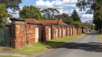 Rustic Brick Walls Along Country Road Surrounded by Lush Greenery and Blue Skies, Capturing the Charm of Rural Architectural Heritage and Natural Beauty