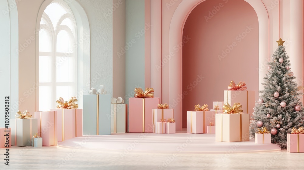 Poster 3d rendering of a minimalist christmas backdrop featuring gift boxes and a stage design offering spa