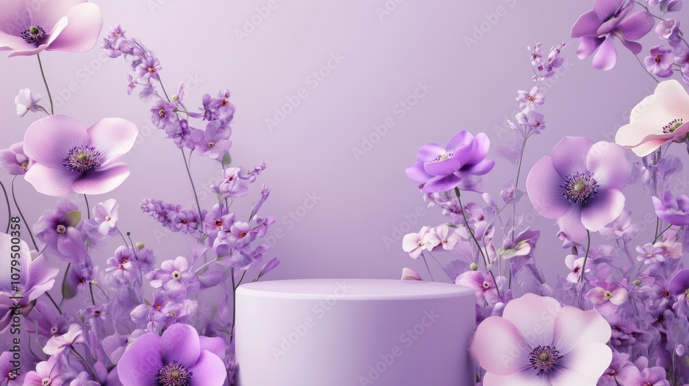 Poster 3d rendering of a purple flower background featuring a geometric podium for product presentation min