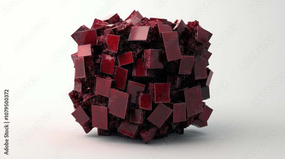 Poster 3d rendering of a dark red cube made up of square fragments set against a white background showcasin