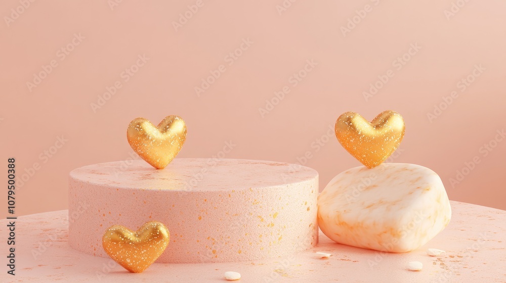 Poster realistic 3d rendering of a podium featuring golden hearts on a soft pastel peach backdrop