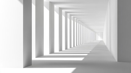 Obraz premium Bright and Minimalist Interior with Perspective View Showing Repeated Columns Creating Depth and Shadows in a Modern Artistic Space