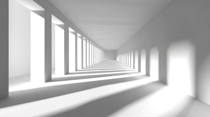 Abstract Perspective of a Minimalist Interior with White Walls and Columns, Creating a Play of Light and Shadows in a Bright, Spacious Environment