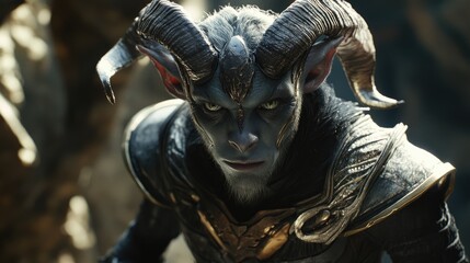 The character wears a horned costume and is poised for action