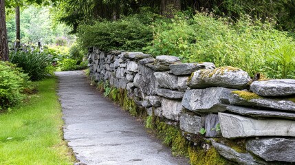 Tranquil Garden Pathway Along Stone Wall Surrounded by Lush Greenery in a Serene Natural Setting Ideal for Nature Lovers and Outdoor Enthusiasts