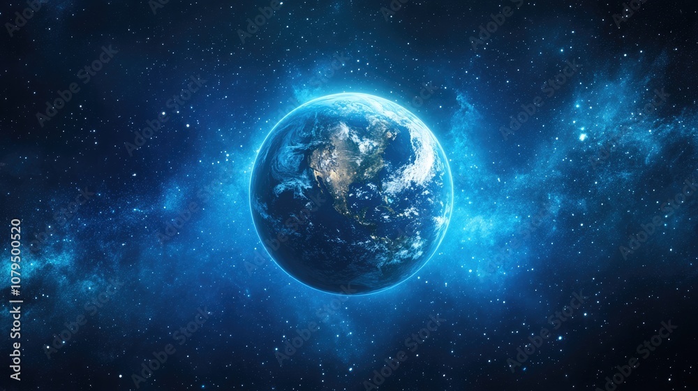 Poster abstract blue space background featuring earth and galaxy showcasing a planetary glow ideal for scie