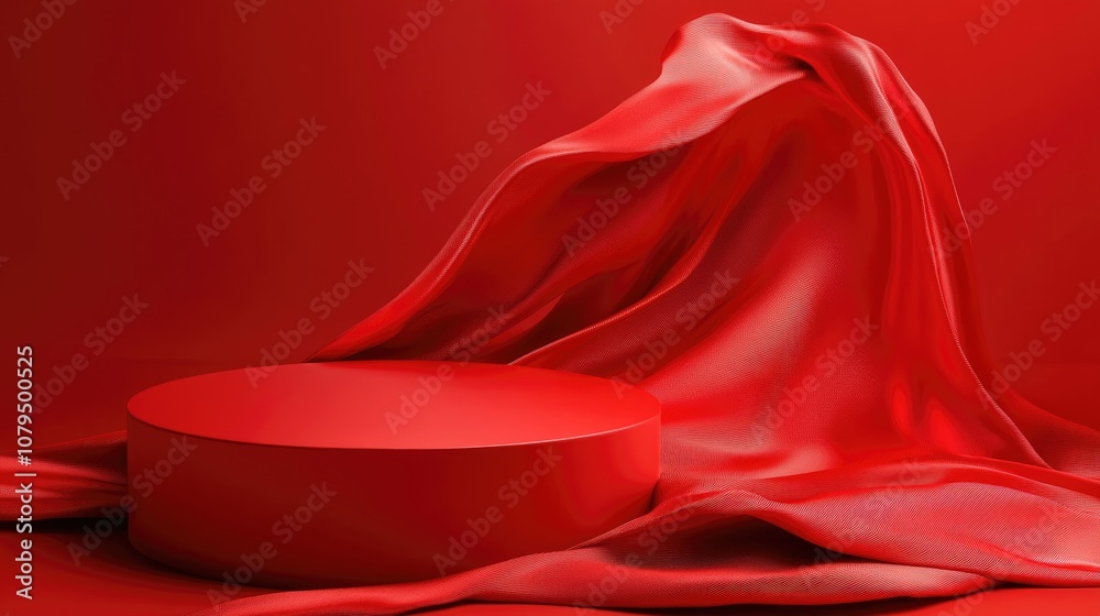 Aufkleber red podium on flowing red fabric elegant backdrop for branding and product showcase 3d rendered illu