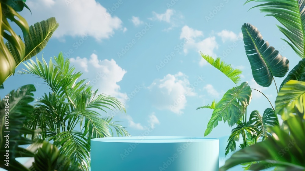 Aufkleber 3D rendering of an abstract podium display featuring tropical leaves and a blue sky with clouds creating a scene for product promotion and advertising against a soft blue background