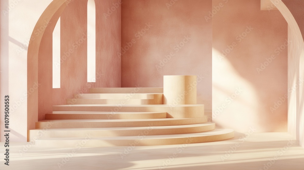 Poster studio featuring geometric shapes and an arched staircase with steps podium and showcase set against