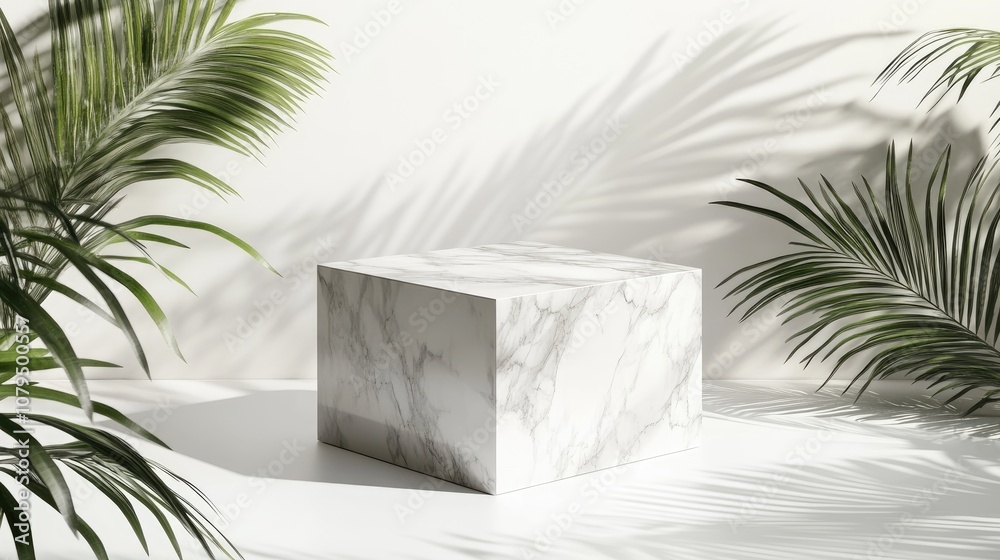 Poster White marble cube podium surrounded by palm leaves on a white background Concept scene for product showcase promotional display or cosmetic presentation featuring ample copy space 3D rendering