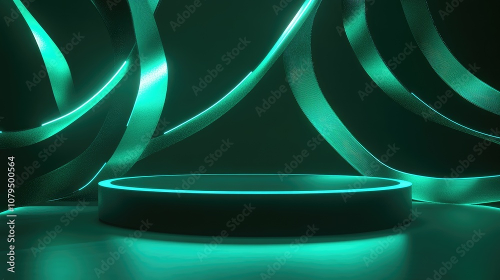 Leinwandbilder 3d render of an abstract green neon background featuring ribbons glowing lines and an empty podium d